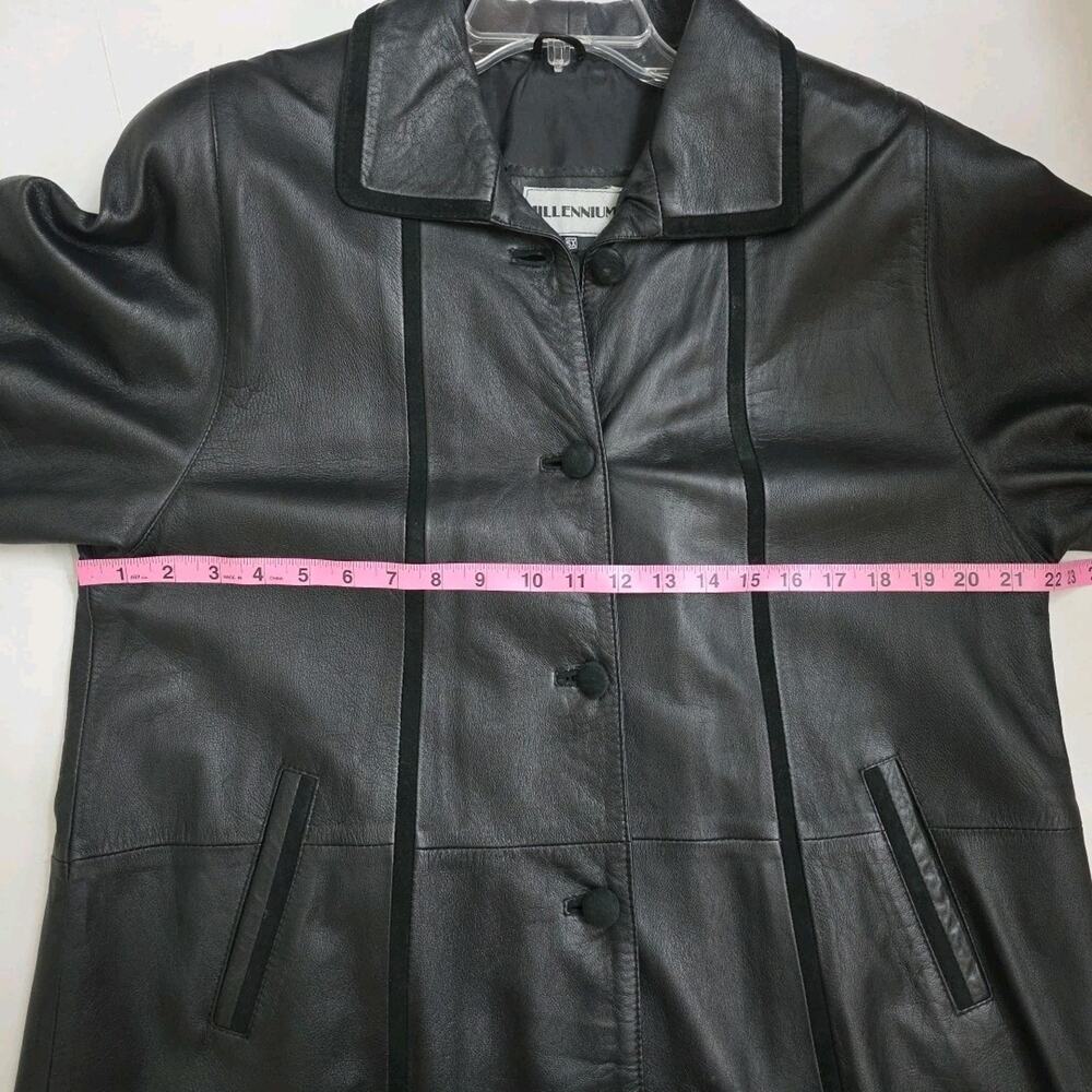Vintage Y2K Genuine Leather Oversized Trench Coat Mid Length Button Front Sz S - Picture 7 of 9